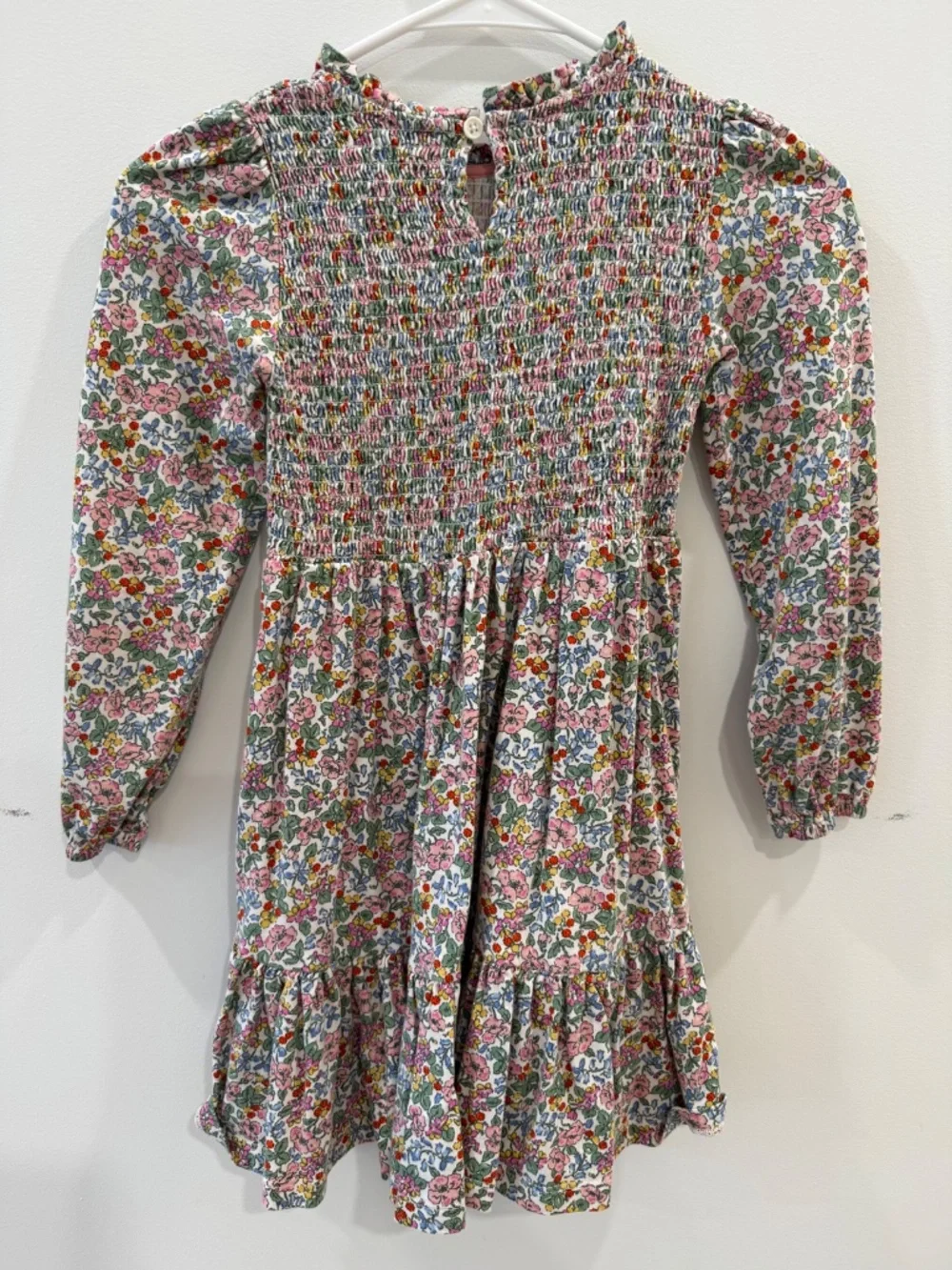 Mini Boden - Pink Berry Floral Aurora Smocked Long Sleeve Dress, Size 8-9y